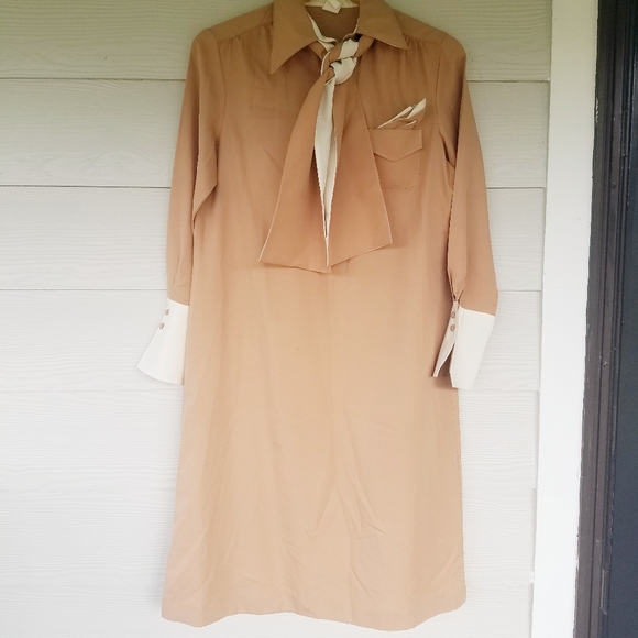 Vintage Dress Collared With Matching Kerchief And Belt/Bow Pink Mauve - Picture 4 of 16